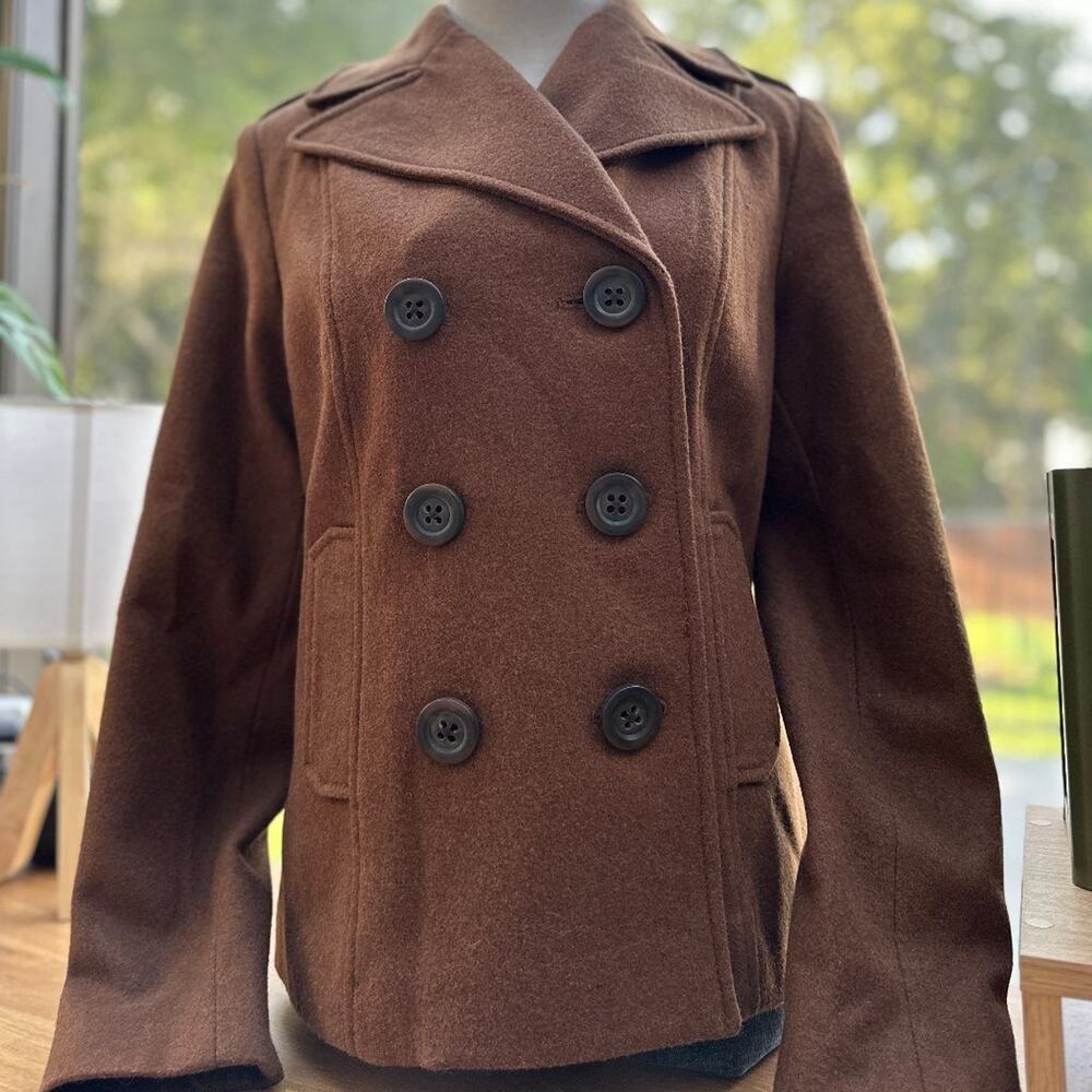 Old Navy Brown Wool Blend Pea Coat Womens S Double Breasted Y2K Peacoat